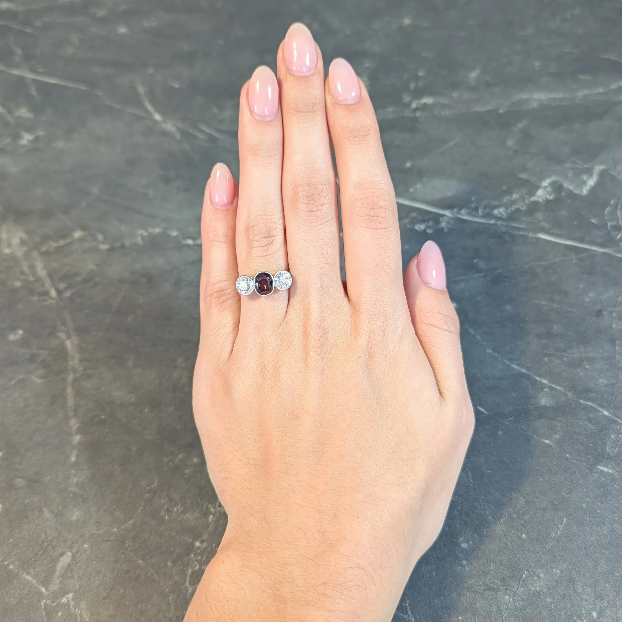 Antique 3.30 CTW Color-Change Ceylon Alexandrite Diamond Platinum Scrolling Three Stone Ring GIA