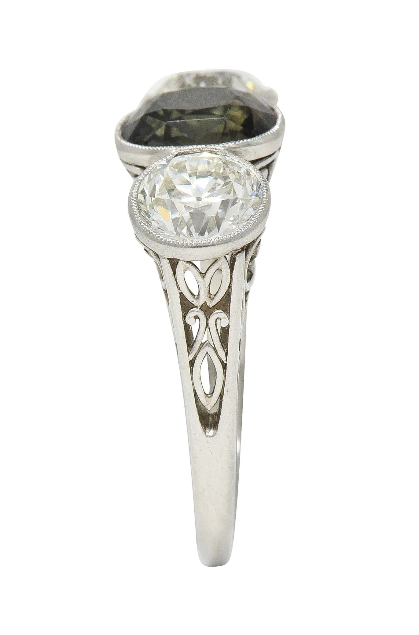 Antique 3.30 CTW Color-Change Ceylon Alexandrite Diamond Platinum Scrolling Three Stone Ring GIA