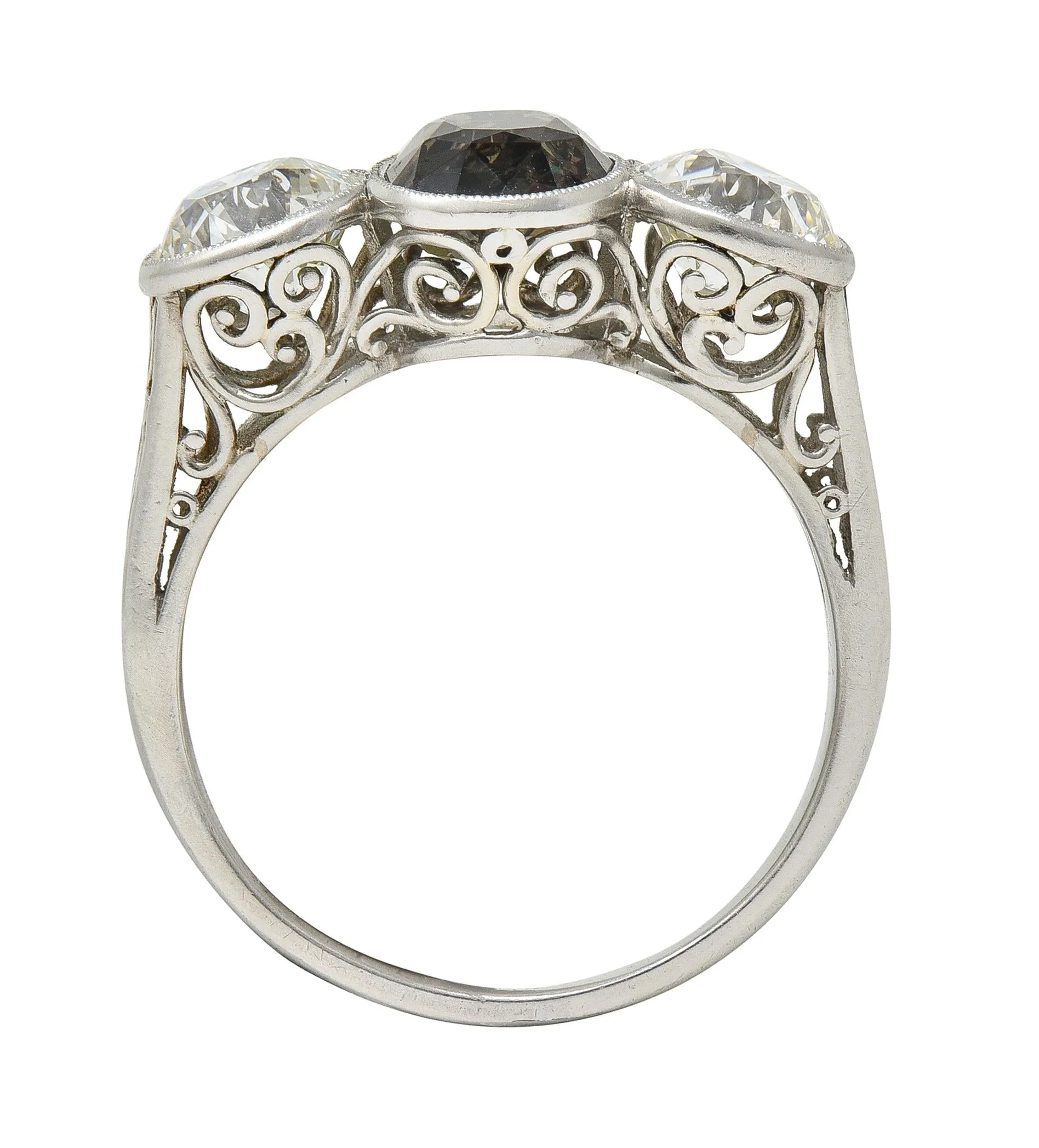 Antique 3.30 CTW Color-Change Ceylon Alexandrite Diamond Platinum Scrolling Three Stone Ring GIA