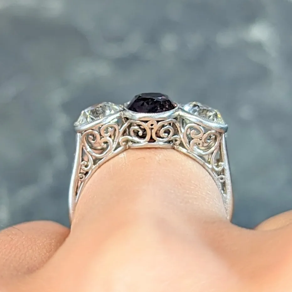 Antique 3.30 CTW Color-Change Ceylon Alexandrite Diamond Platinum Scrolling Three Stone Ring GIA
