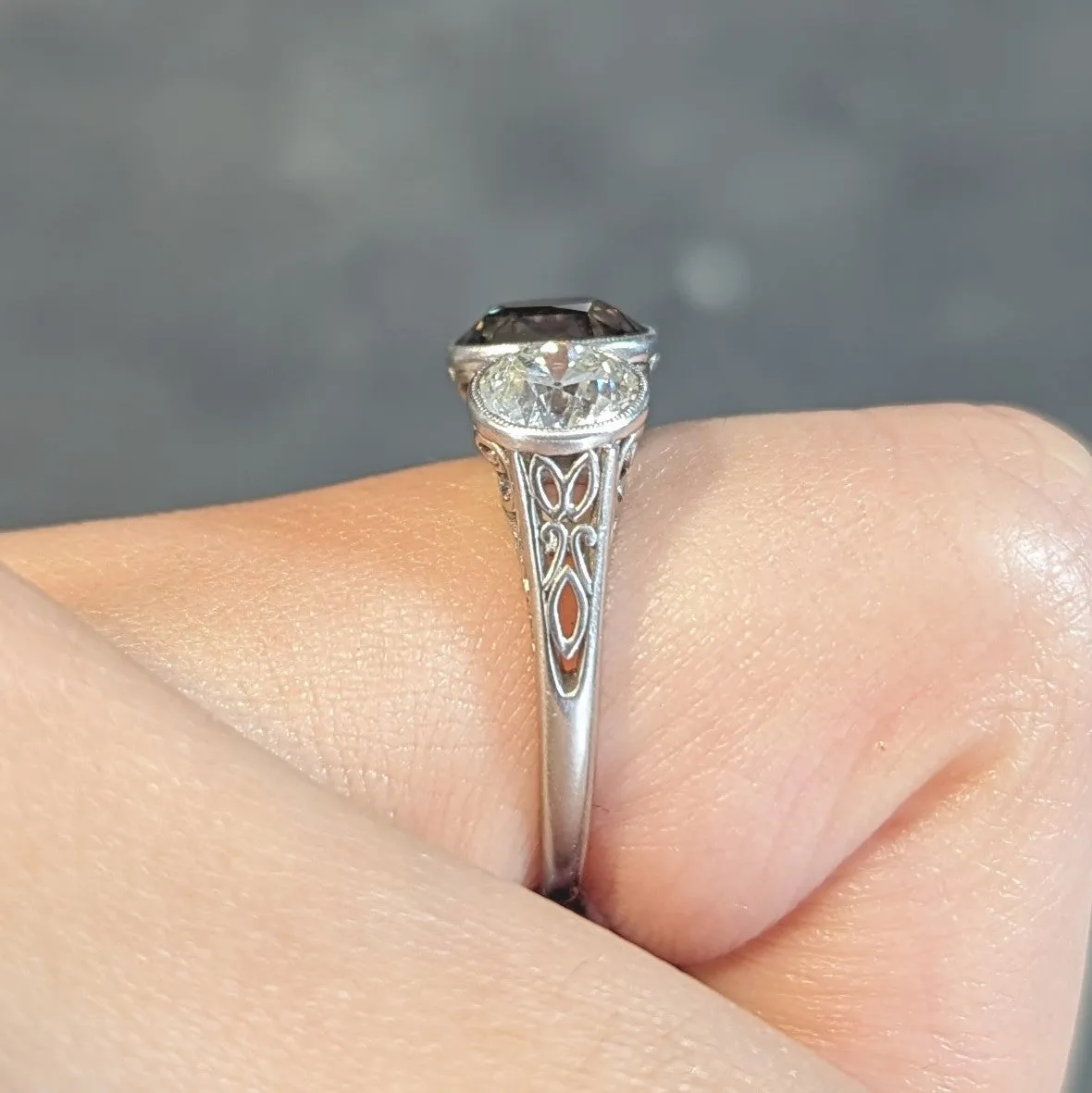 Antique 3.30 CTW Color-Change Ceylon Alexandrite Diamond Platinum Scrolling Three Stone Ring GIA
