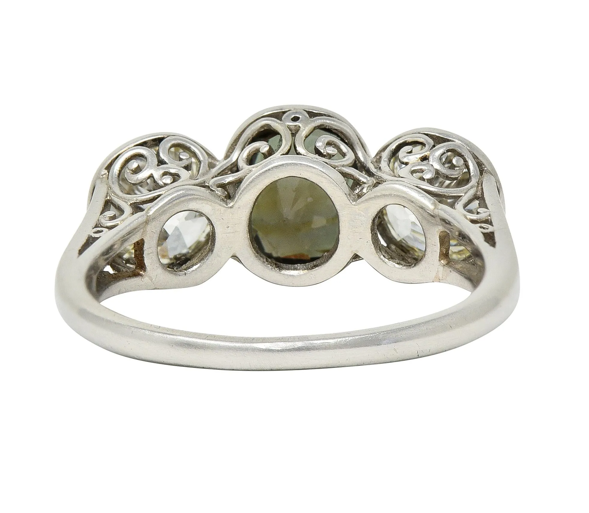 Antique 3.30 CTW Color-Change Ceylon Alexandrite Diamond Platinum Scrolling Three Stone Ring GIA