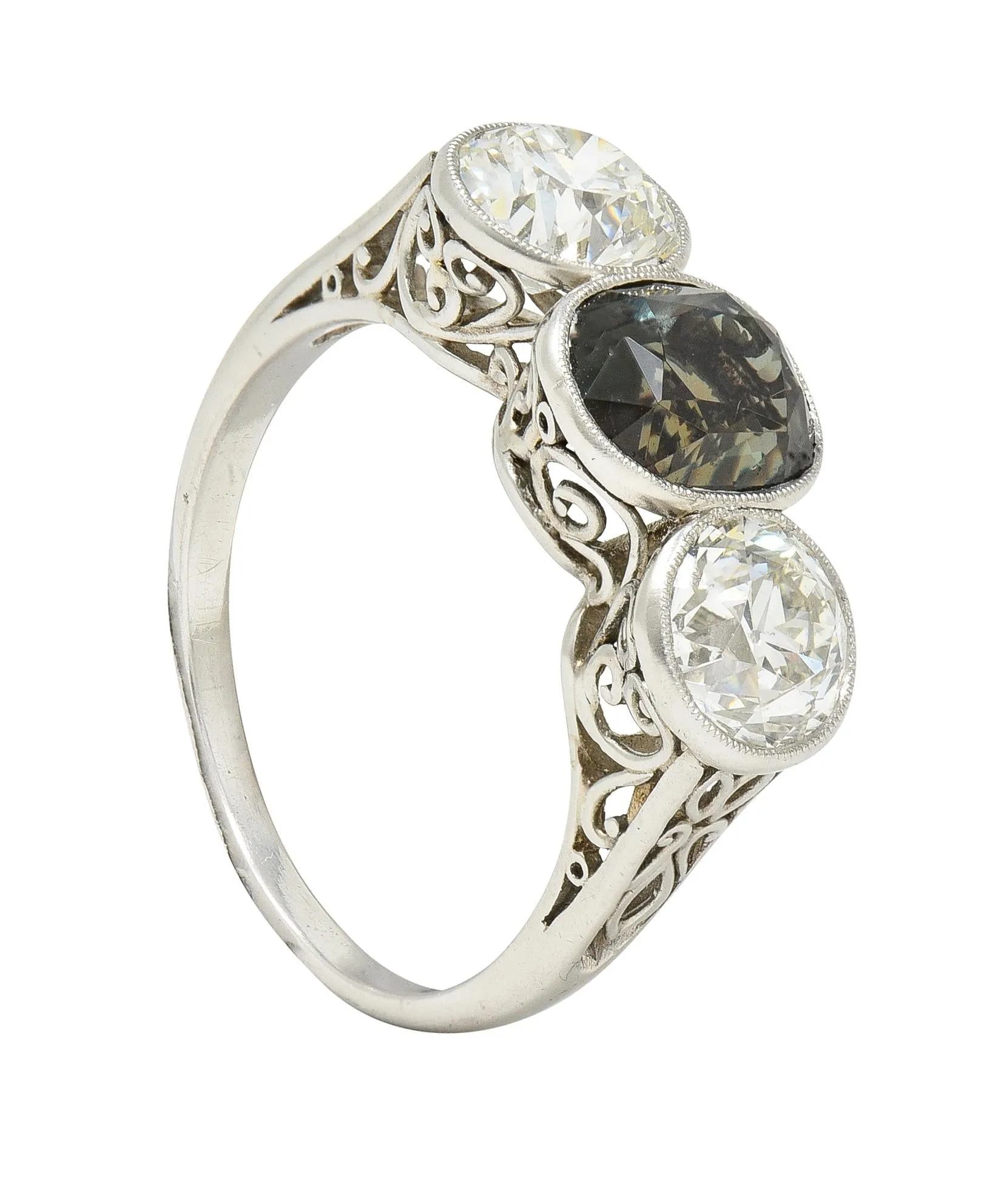 Antique 3.30 CTW Color-Change Ceylon Alexandrite Diamond Platinum Scrolling Three Stone Ring GIA