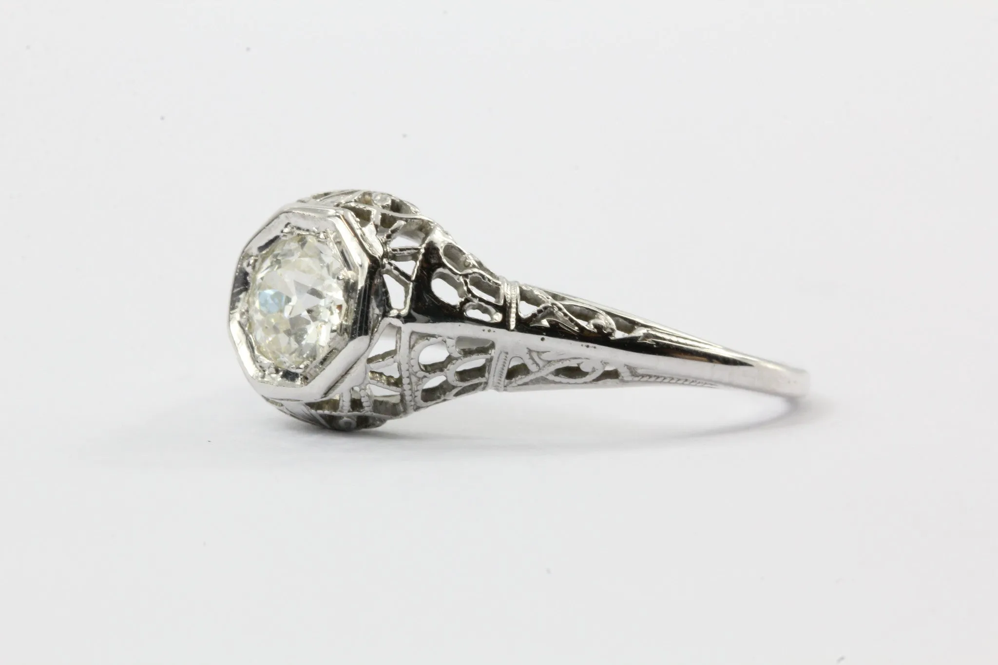 Antique Art Deco 18K White Gold Old European Cut Diamond Engagement Ring