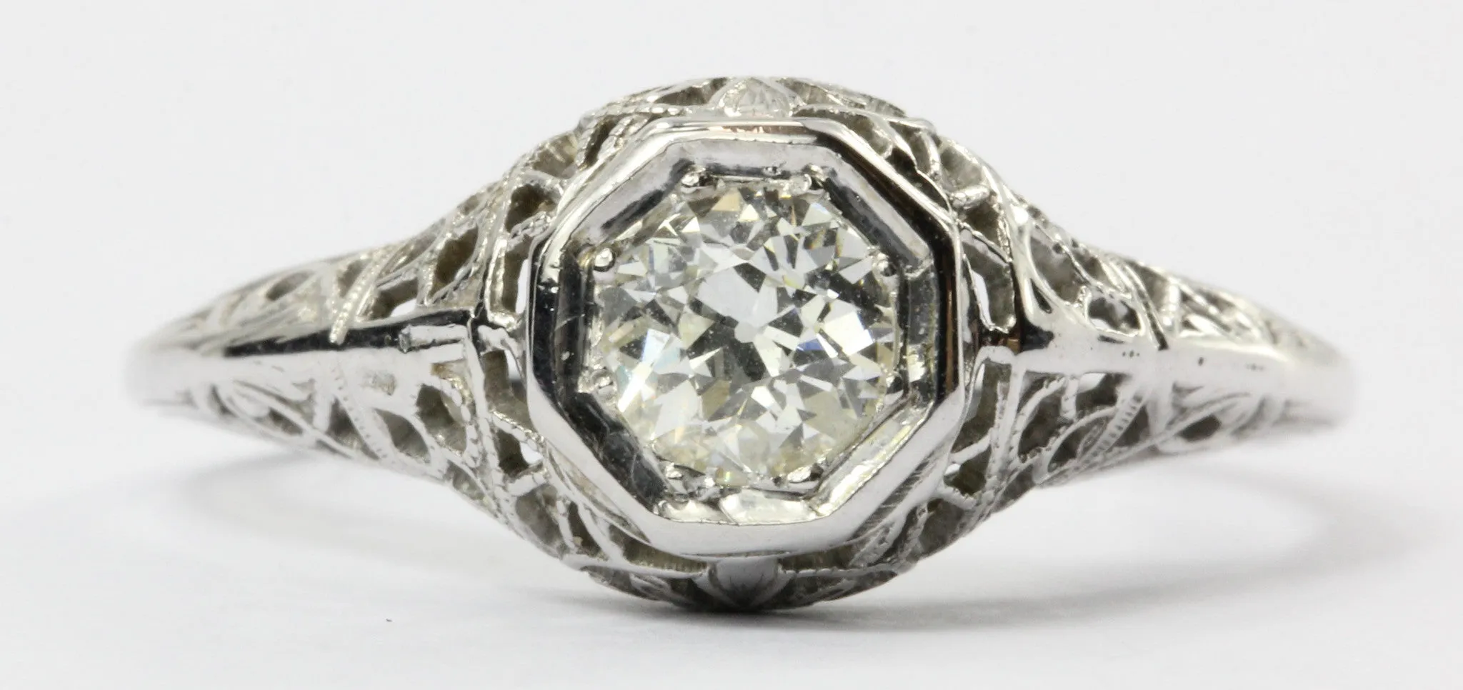 Antique Art Deco 18K White Gold Old European Cut Diamond Engagement Ring