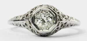 Antique Art Deco 18K White Gold Old European Cut Diamond Engagement Ring