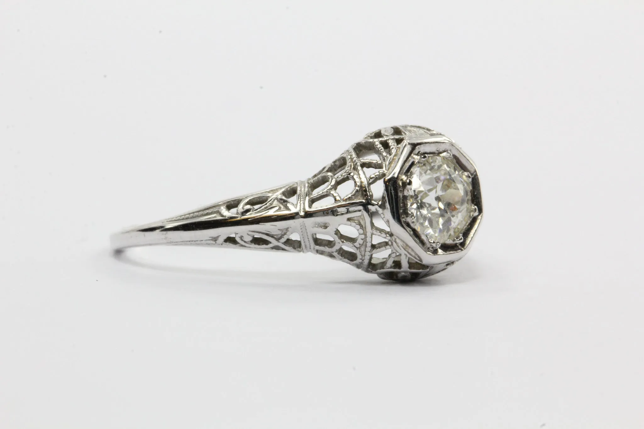 Antique Art Deco 18K White Gold Old European Cut Diamond Engagement Ring