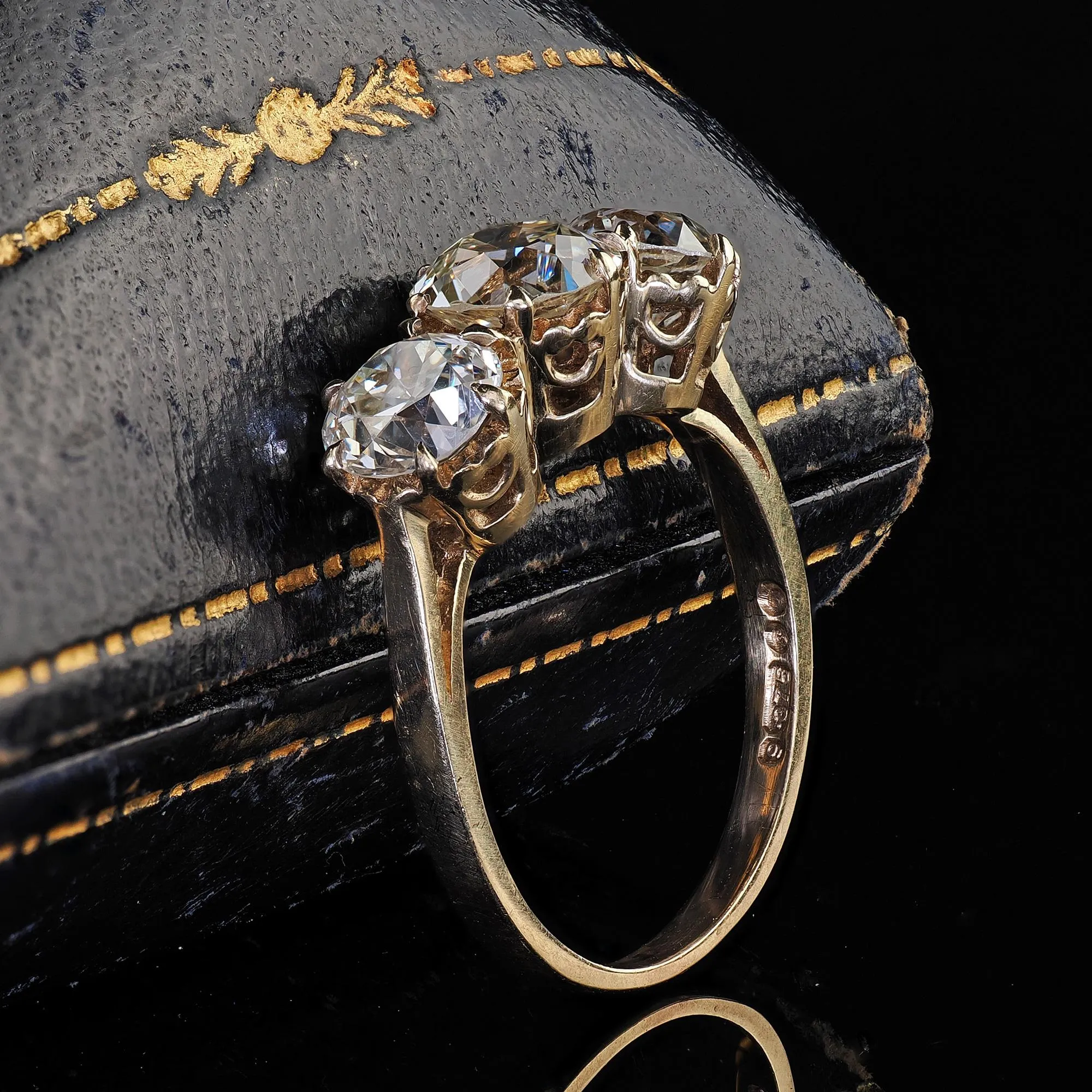 Antique Art Deco 9K Gold Old Euro Diamond Three Stone Engagement Ring - GIA