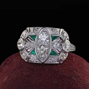 Antique Art Deco Platinum Old Euro and Emerald Engraved Cocktail Ring