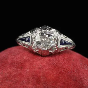 Antique Art Deco Platinum Old Euro Diamond Sapphire Engagement Ring
