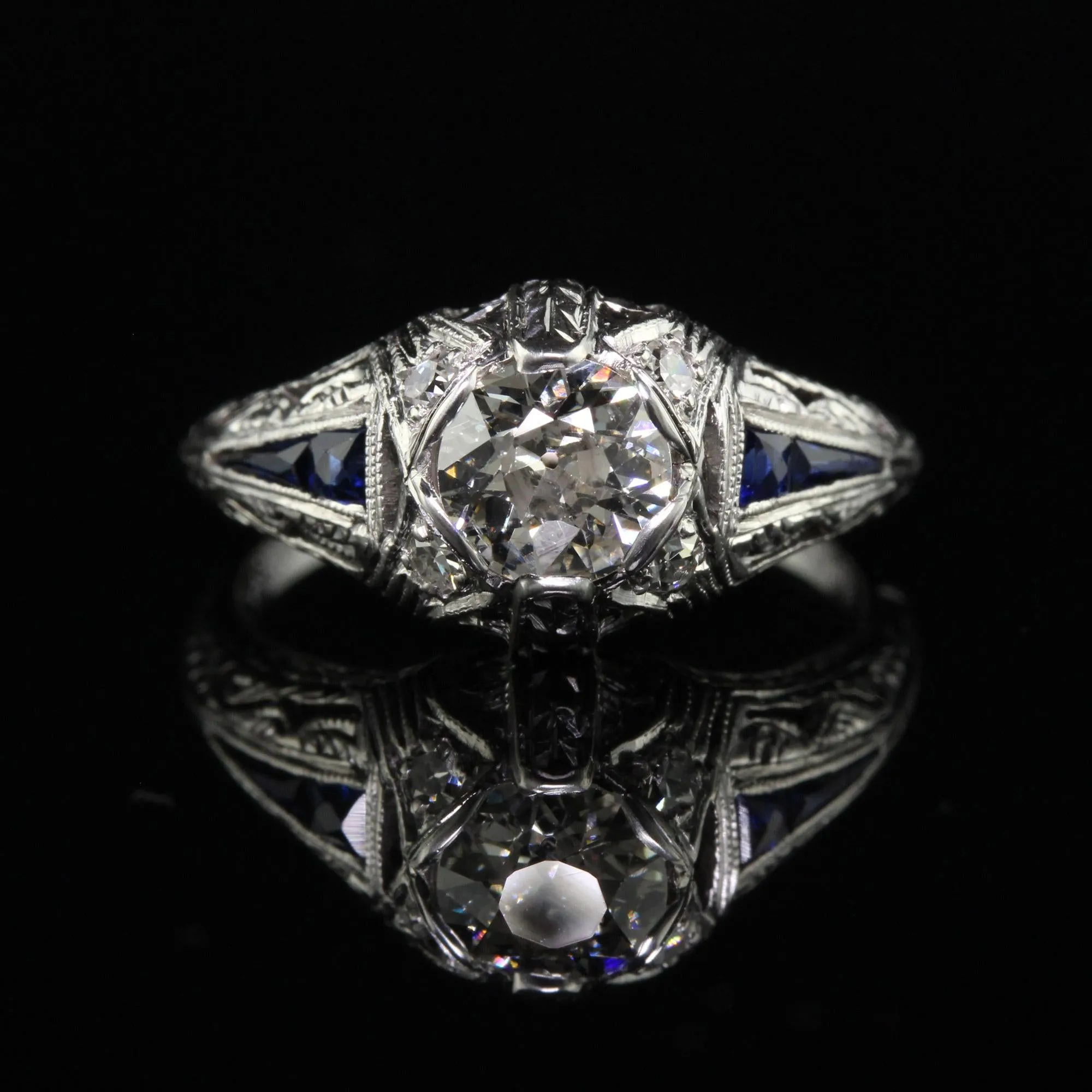 Antique Art Deco Platinum Old Euro Diamond Sapphire Engagement Ring