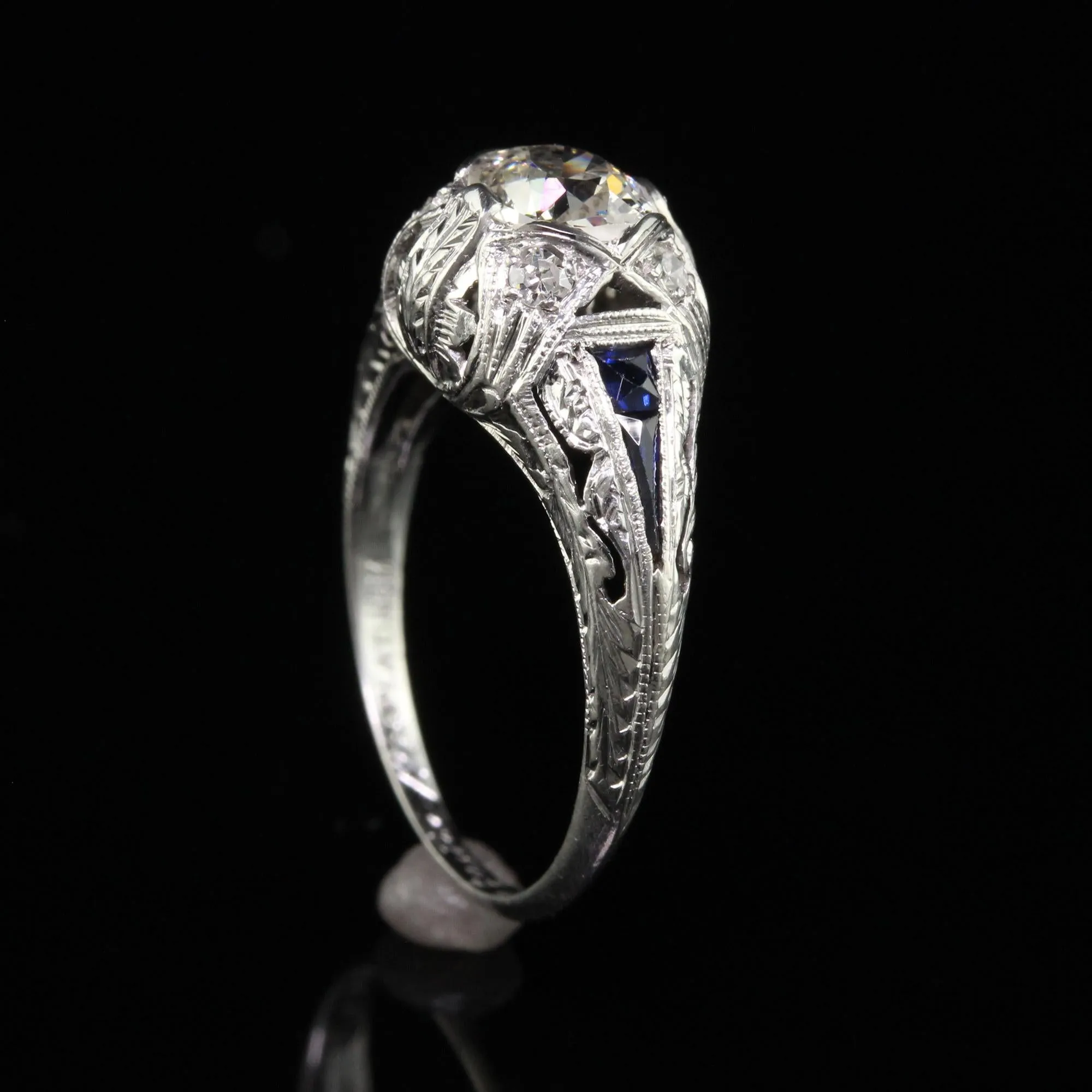 Antique Art Deco Platinum Old Euro Diamond Sapphire Engagement Ring