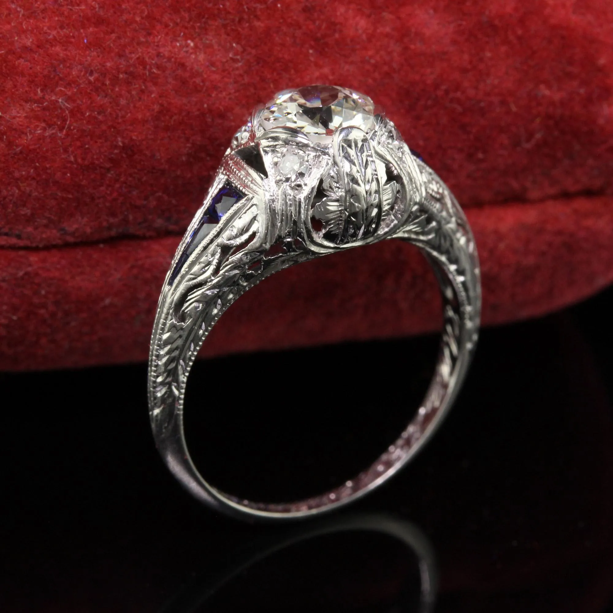 Antique Art Deco Platinum Old Euro Diamond Sapphire Engagement Ring