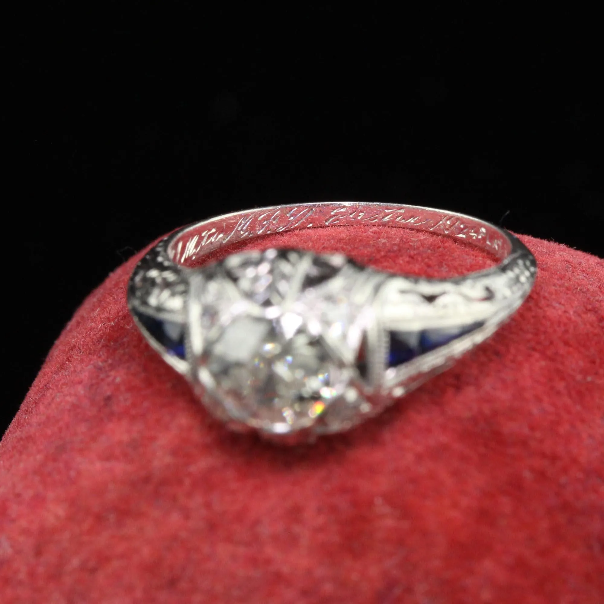 Antique Art Deco Platinum Old Euro Diamond Sapphire Engagement Ring