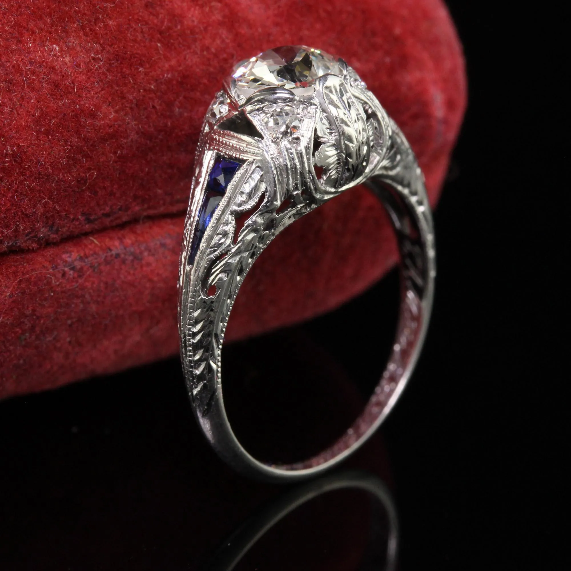 Antique Art Deco Platinum Old Euro Diamond Sapphire Engagement Ring