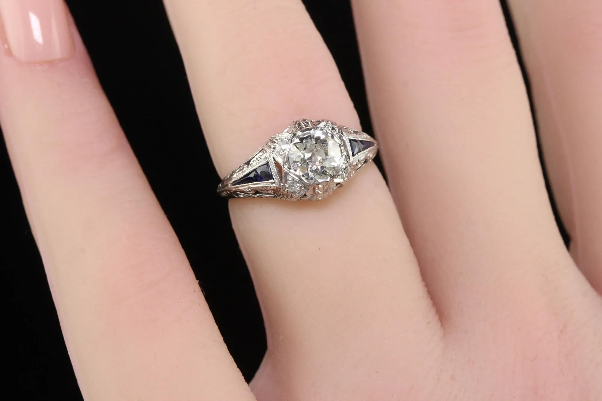 Antique Art Deco Platinum Old Euro Diamond Sapphire Engagement Ring