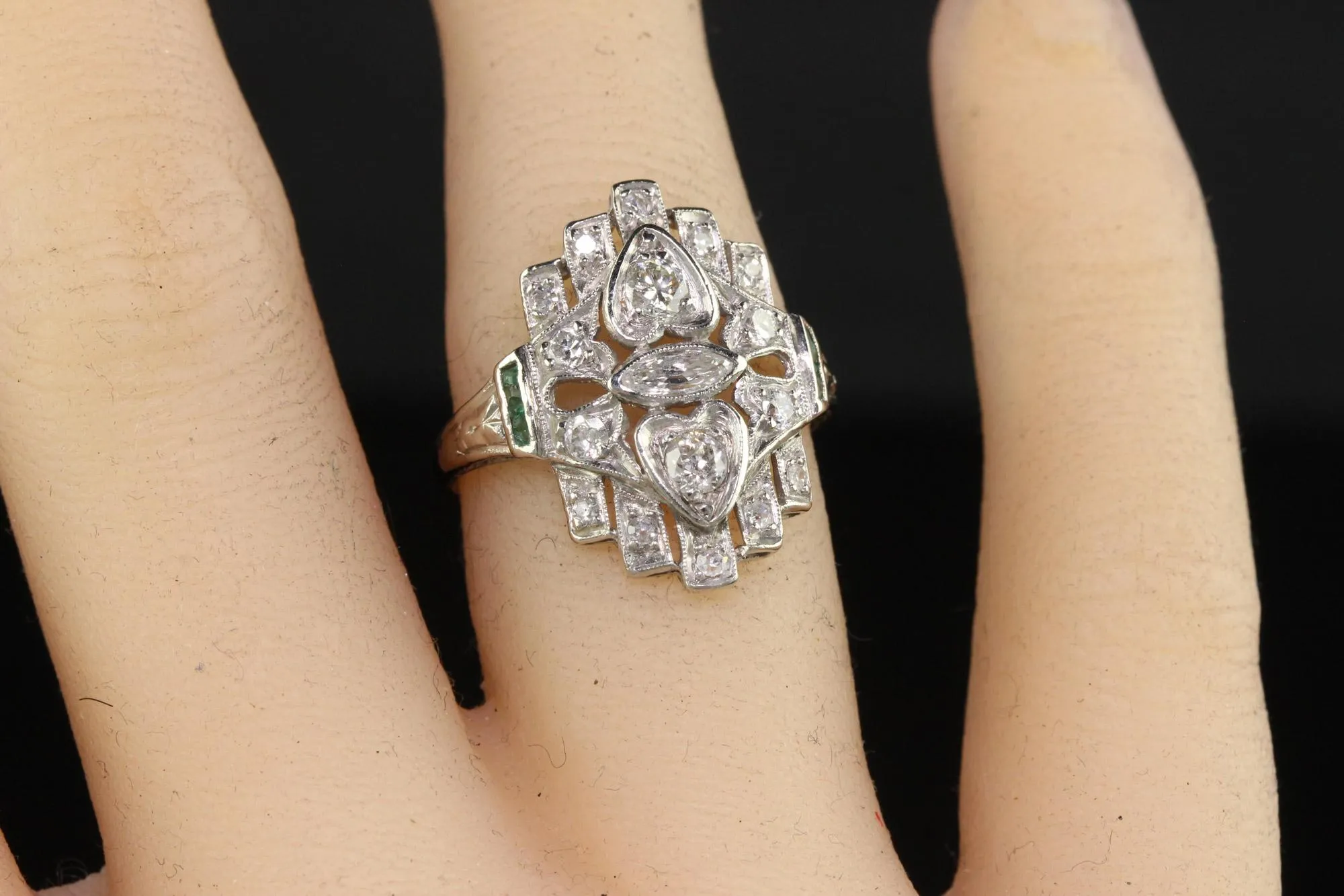 Antique Art Deco Platinum Old Euro Marquise Diamond and Emerald Shield Ring