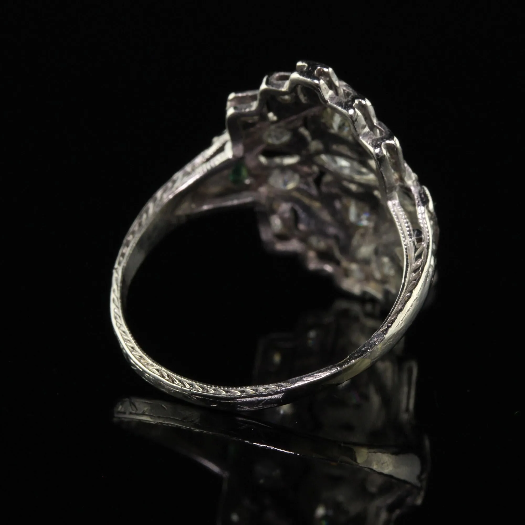 Antique Art Deco Platinum Old Euro Marquise Diamond and Emerald Shield Ring