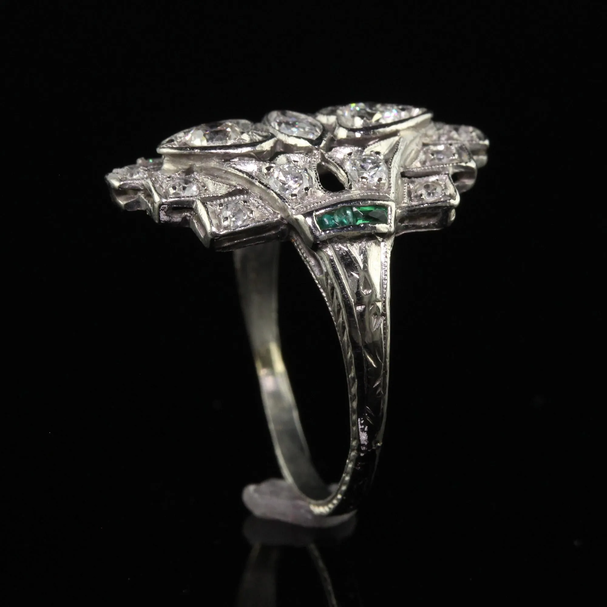Antique Art Deco Platinum Old Euro Marquise Diamond and Emerald Shield Ring