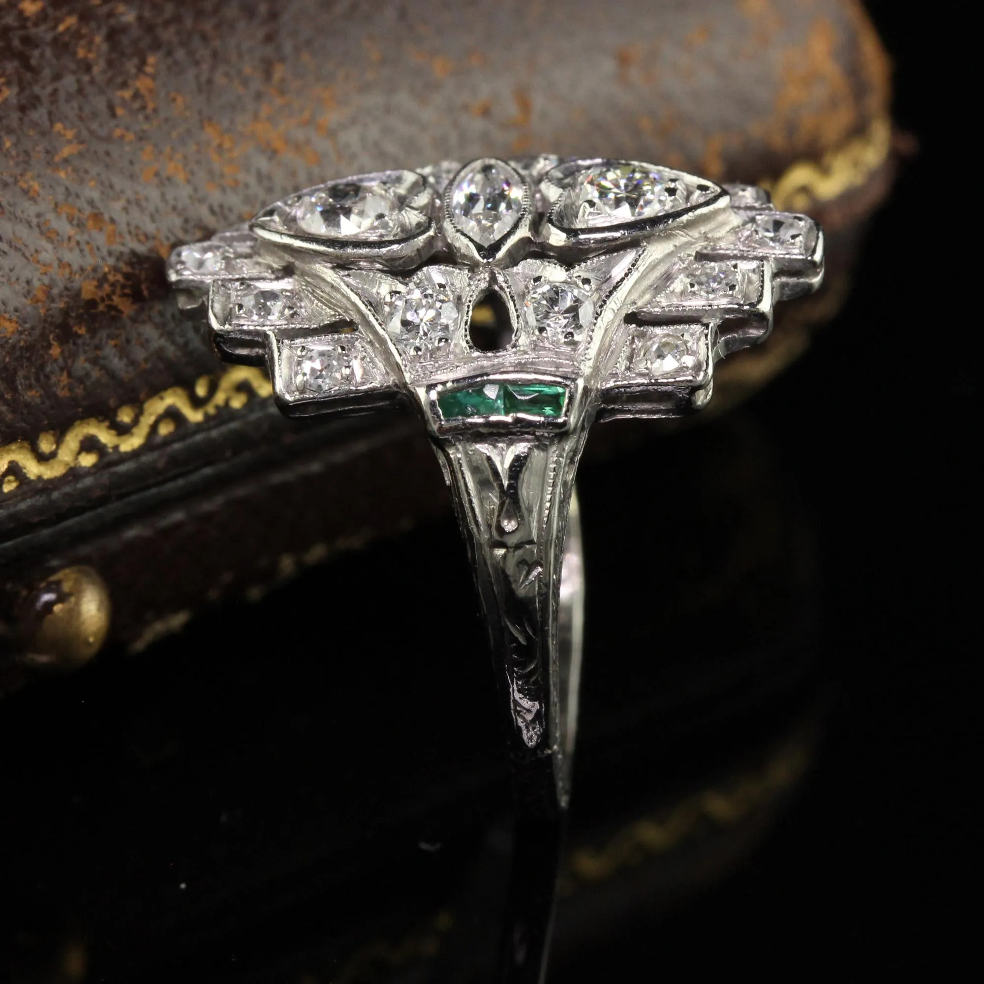 Antique Art Deco Platinum Old Euro Marquise Diamond and Emerald Shield Ring