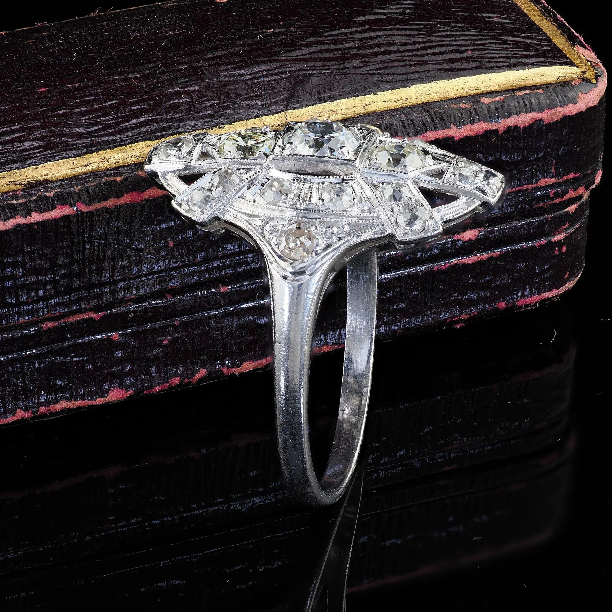 Antique Art Deco Platinum Old European Cut Diamond Cocktail Shield Ring
