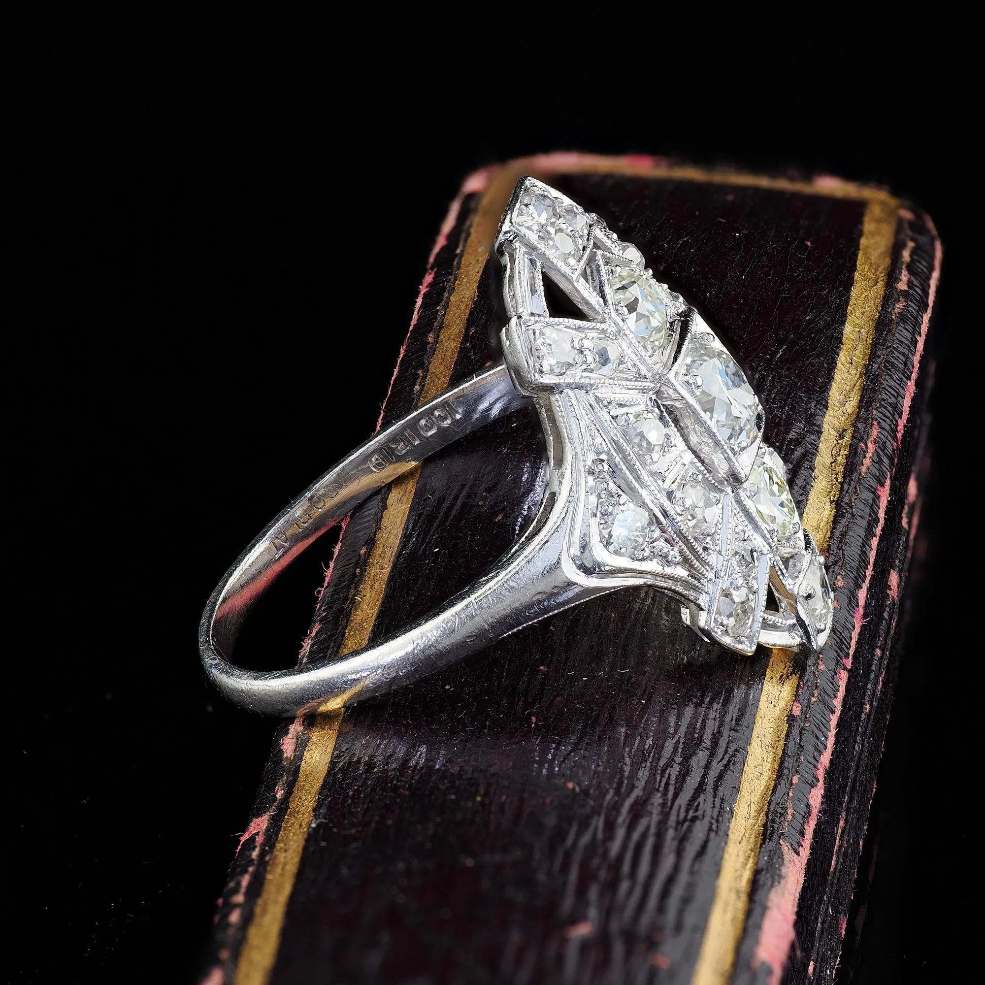 Antique Art Deco Platinum Old European Cut Diamond Cocktail Shield Ring