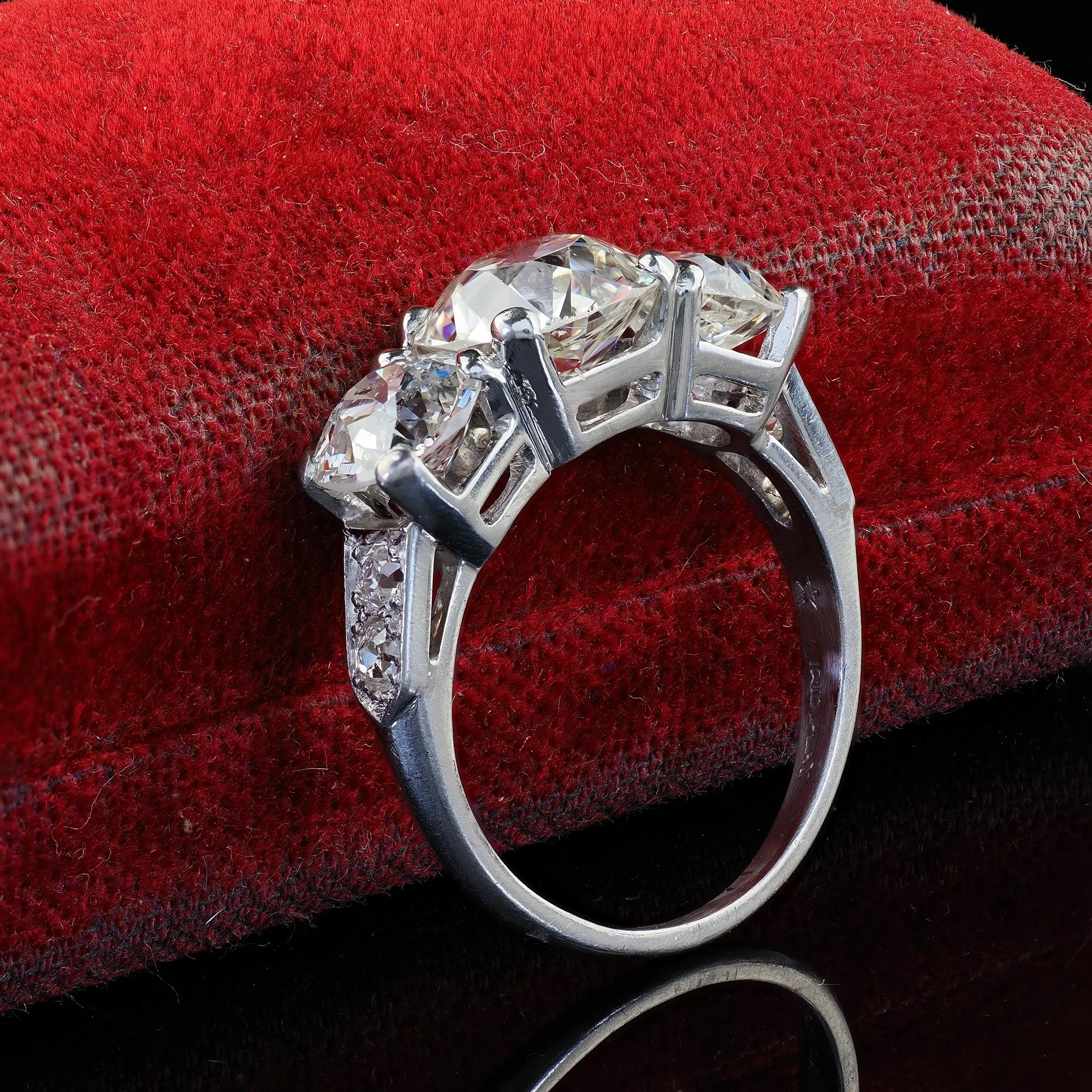 Antique Art Deco Platinum Old European Cut Diamond Three Stone Engagement Ring - GIA