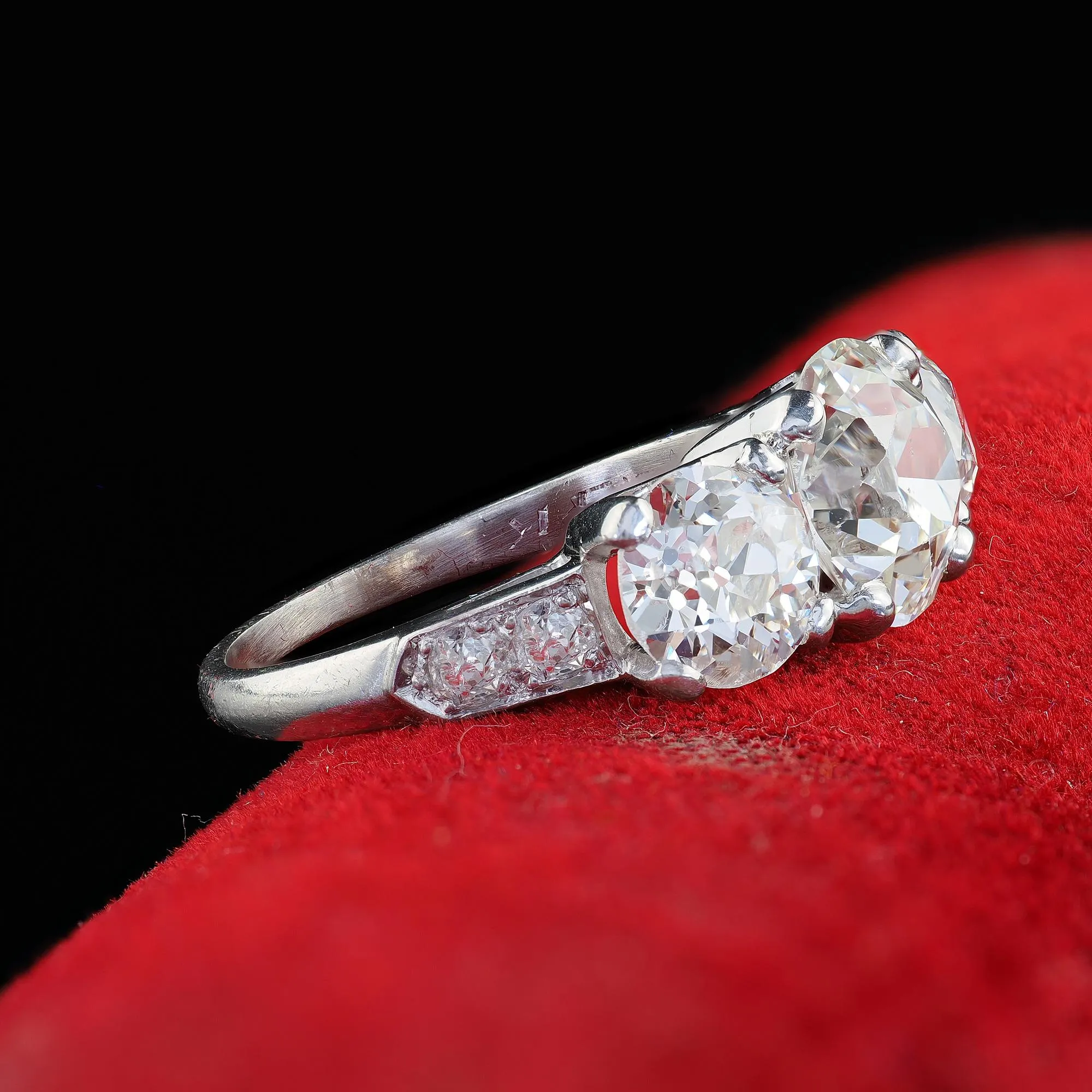 Antique Art Deco Platinum Old European Cut Diamond Three Stone Engagement Ring - GIA