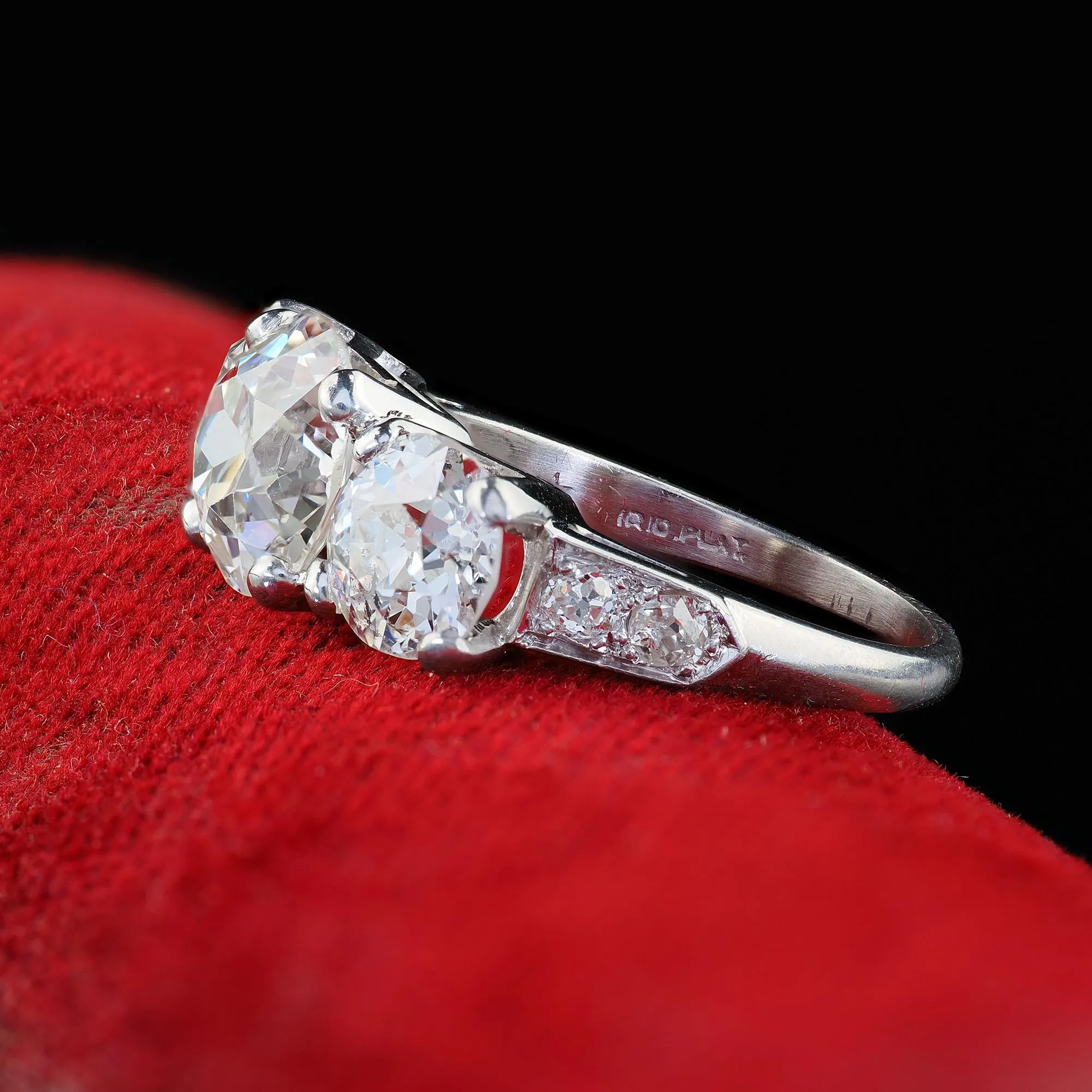 Antique Art Deco Platinum Old European Cut Diamond Three Stone Engagement Ring - GIA