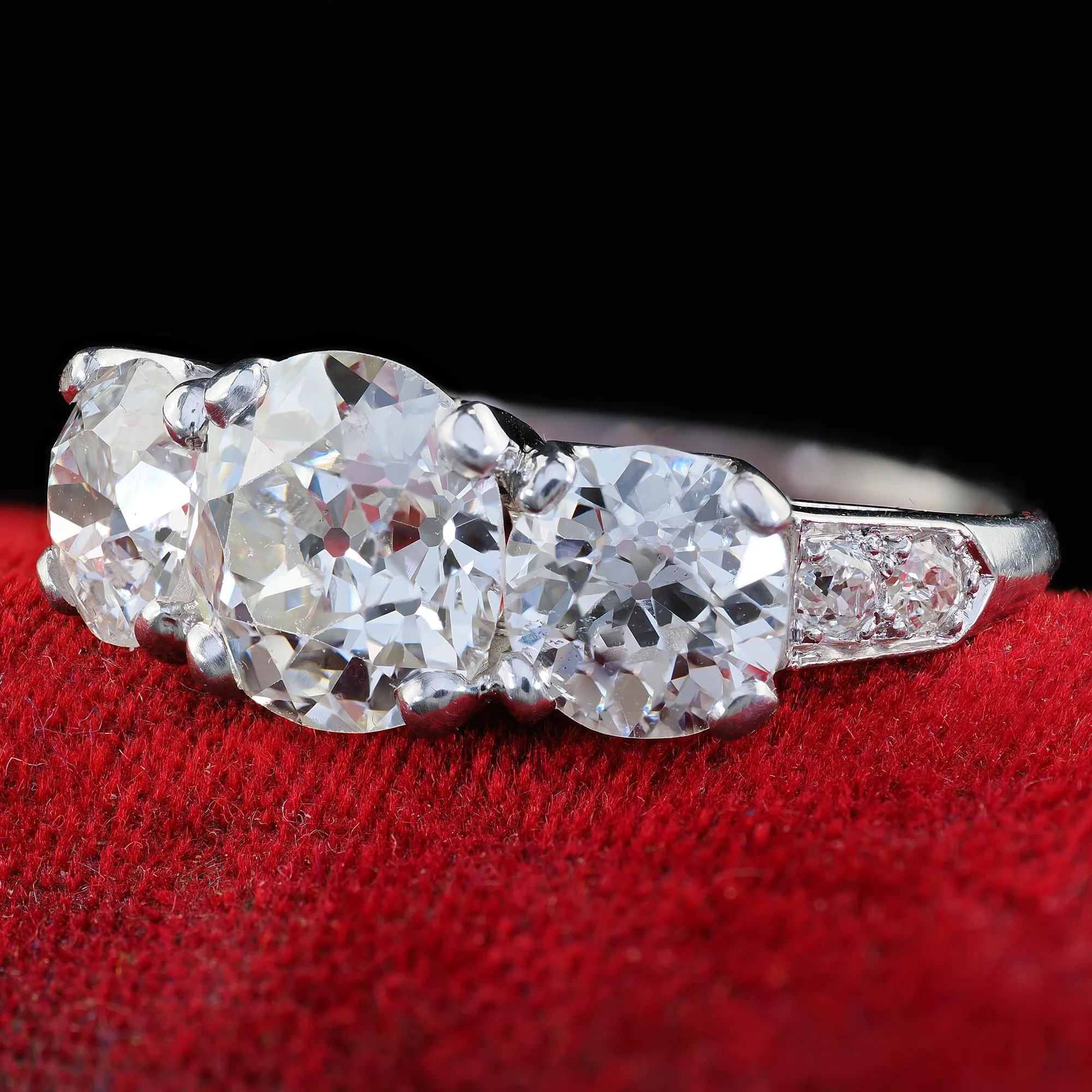 Antique Art Deco Platinum Old European Cut Diamond Three Stone Engagement Ring - GIA