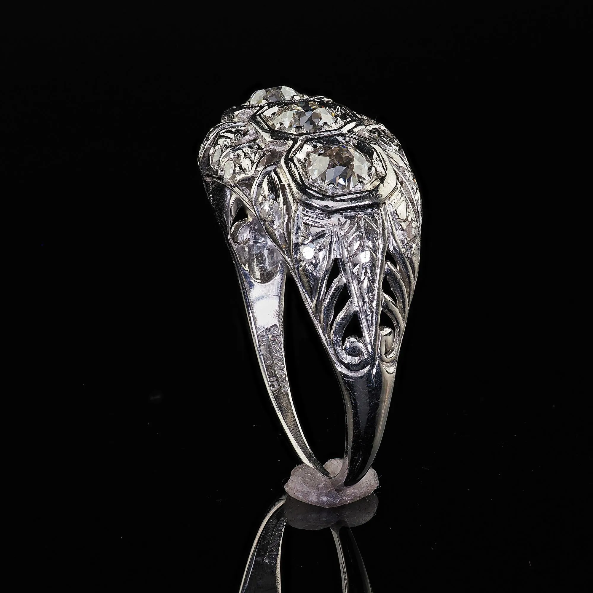 Antique Art Deco Platinum Old European Cut Diamond Three Stone Filigree Ring