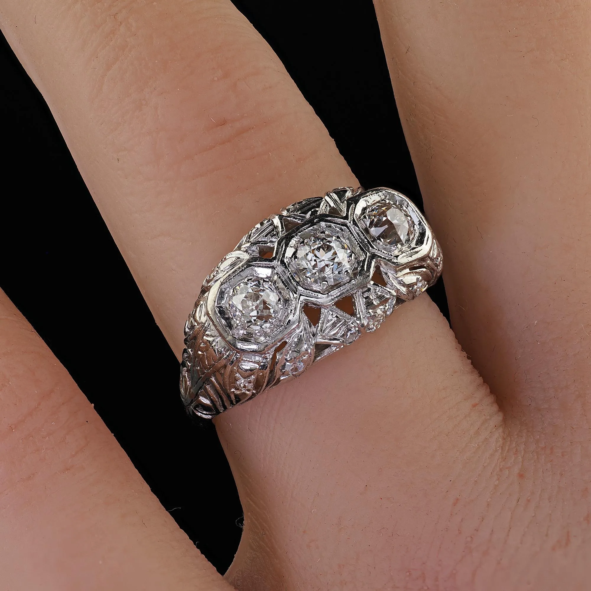 Antique Art Deco Platinum Old European Cut Diamond Three Stone Filigree Ring