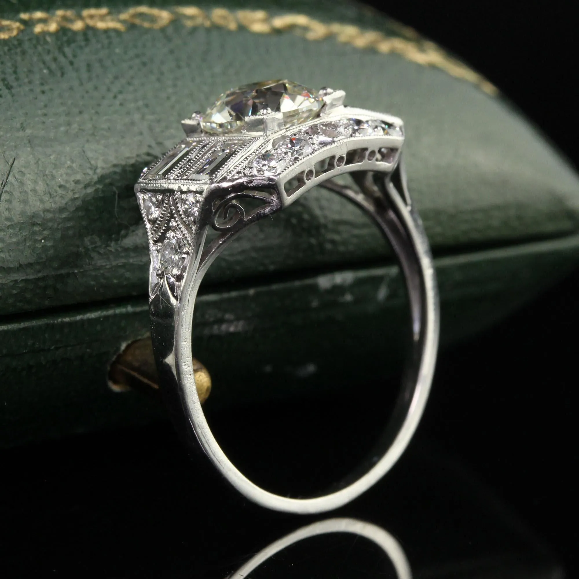 Antique Art Deco Platinum Old European Diamond Filigree Engagement Ring - GIA