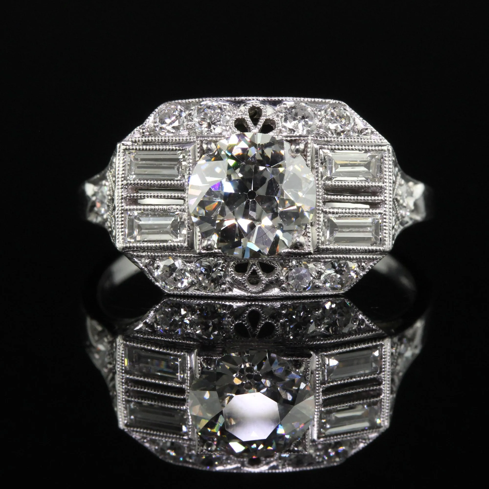 Antique Art Deco Platinum Old European Diamond Filigree Engagement Ring - GIA