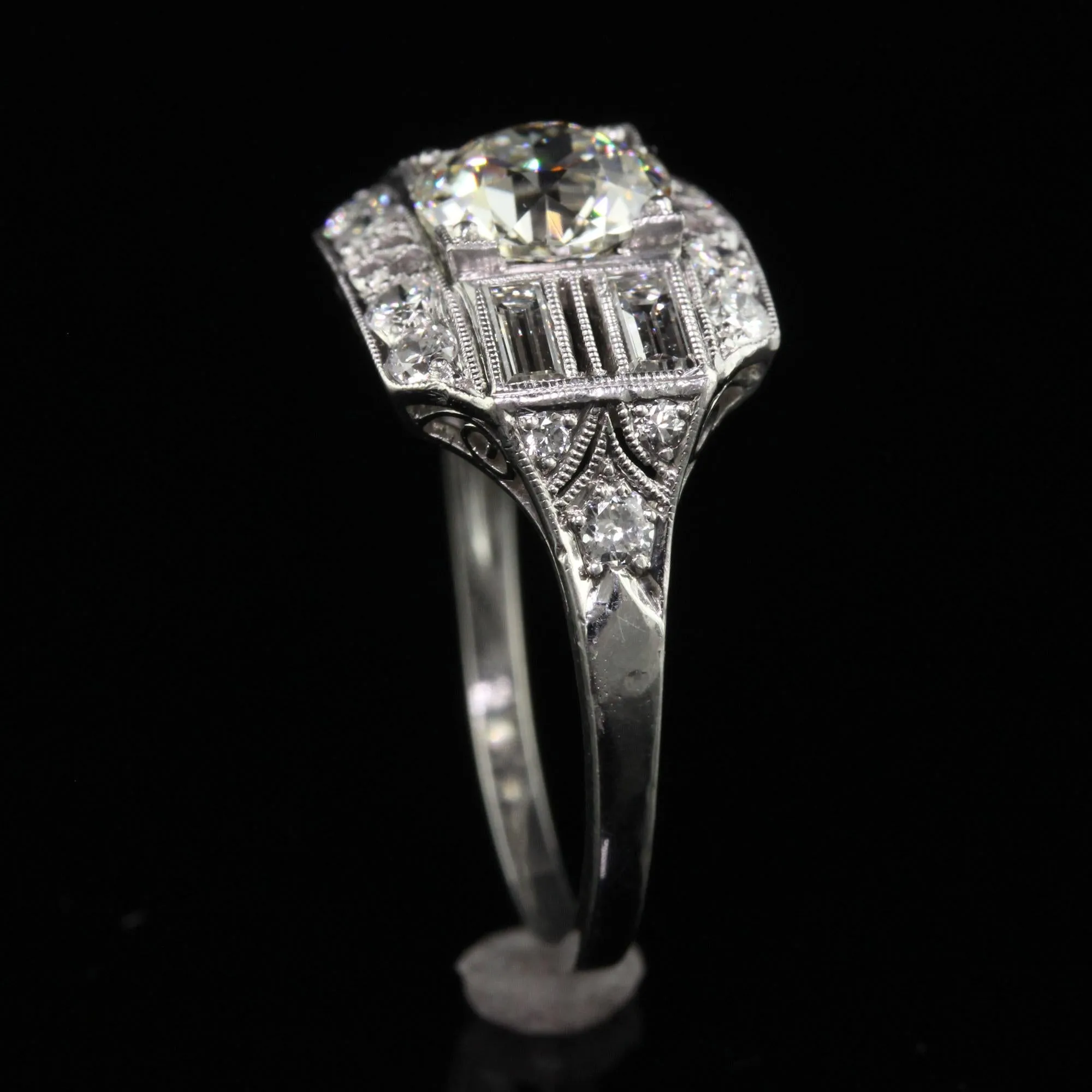 Antique Art Deco Platinum Old European Diamond Filigree Engagement Ring - GIA