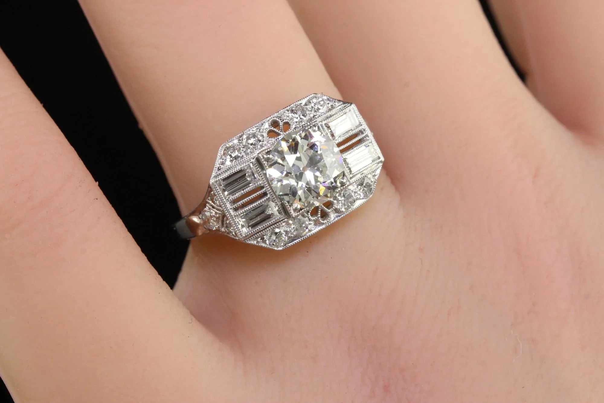 Antique Art Deco Platinum Old European Diamond Filigree Engagement Ring - GIA