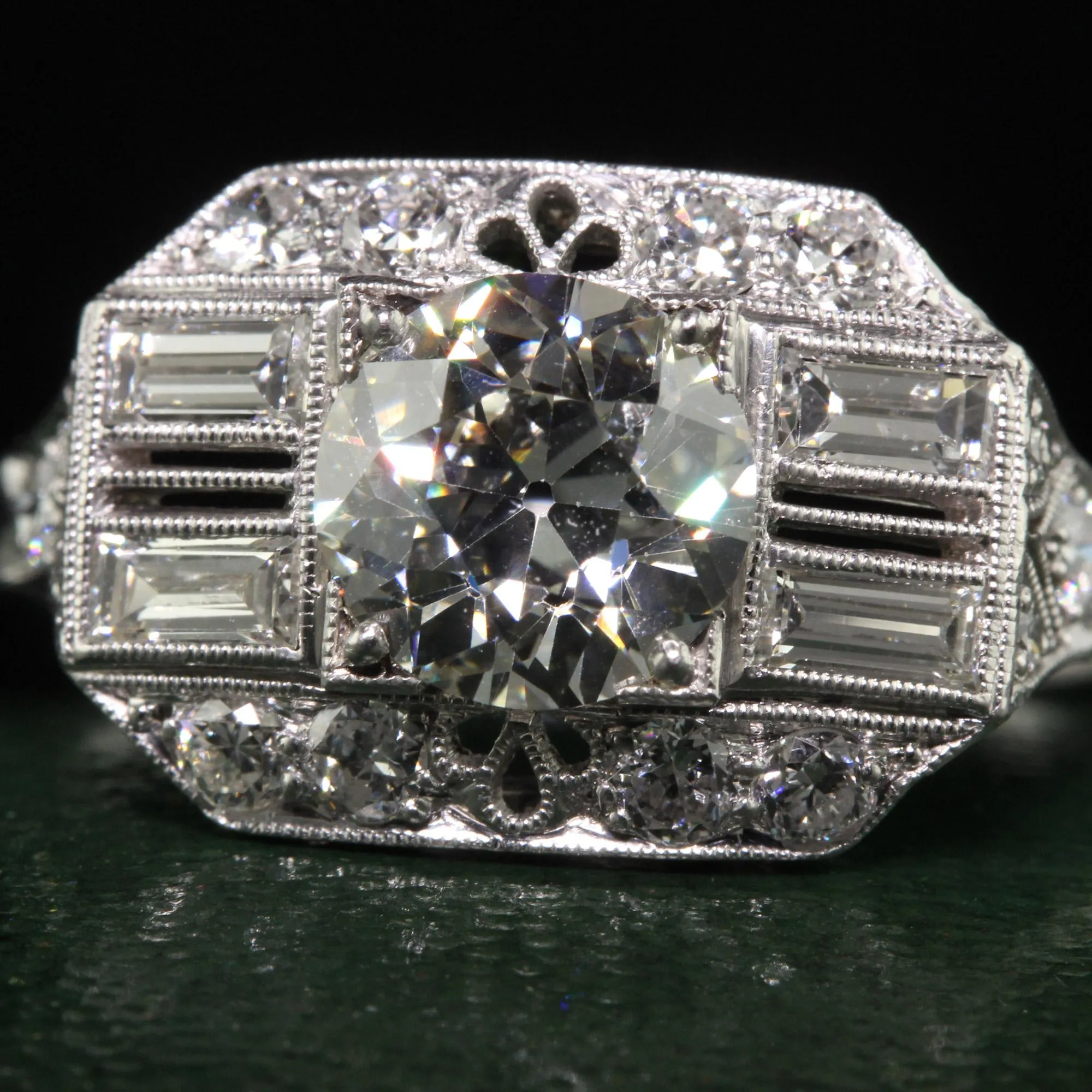 Antique Art Deco Platinum Old European Diamond Filigree Engagement Ring - GIA