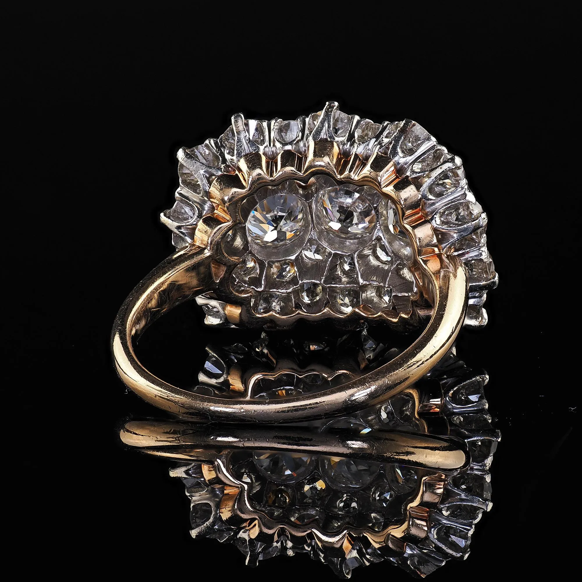 Antique Edwardian 14K Gold and Platinum Old European Diamond Wide Cluster Ring