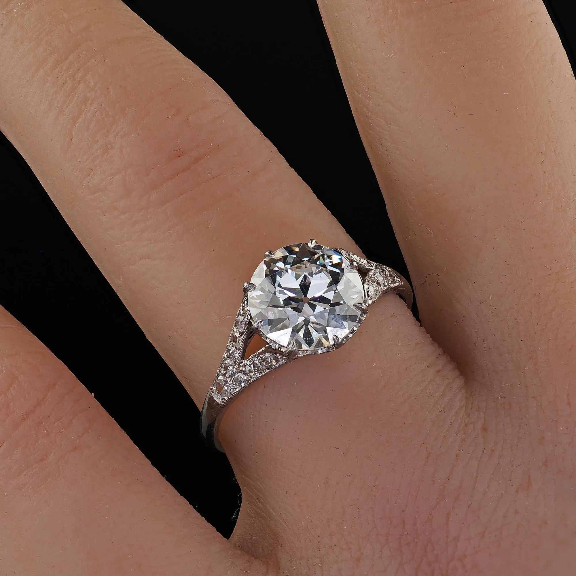 Antique Edwardian Platinum Old Euro Diamond Low Profile Engagement Ring - GIA