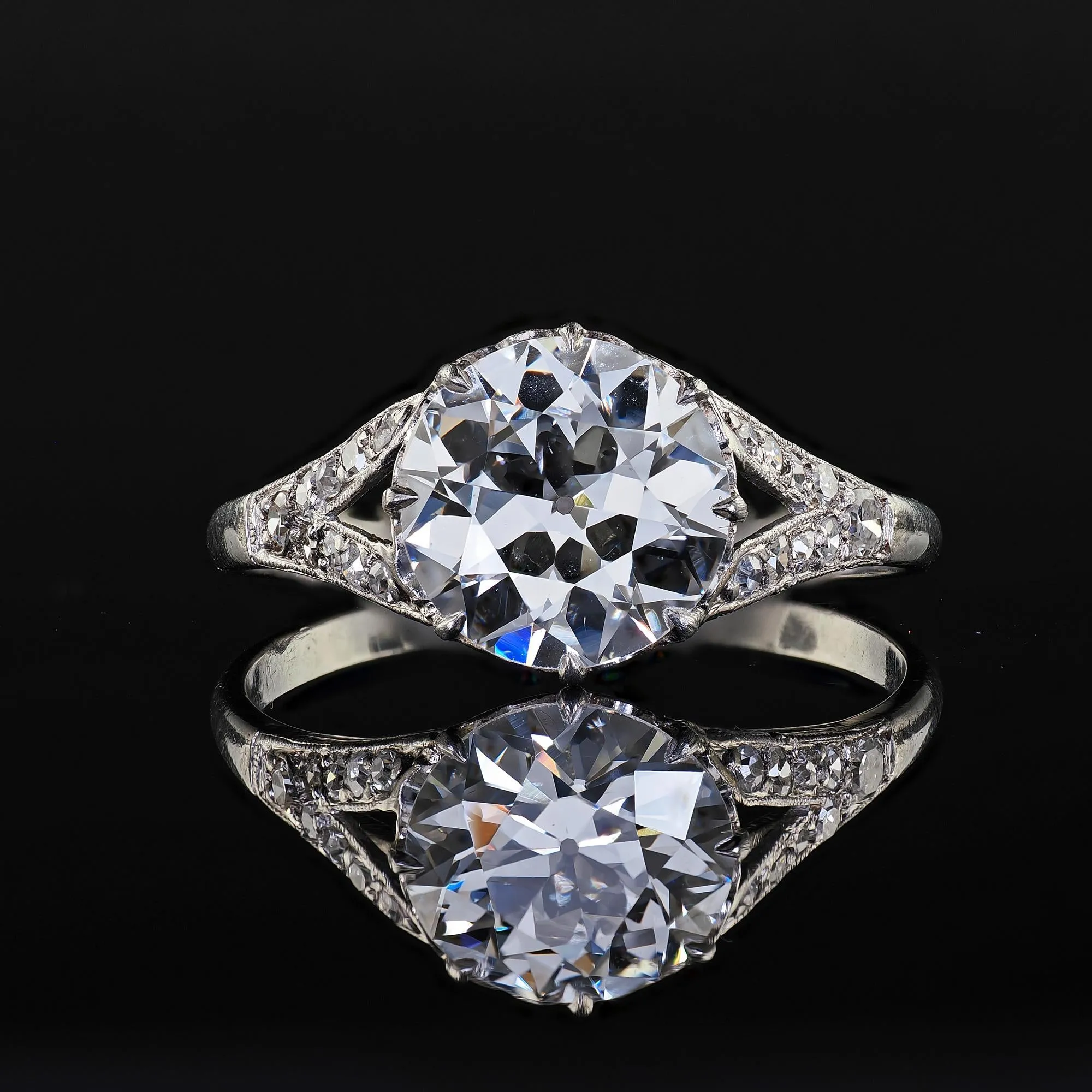 Antique Edwardian Platinum Old Euro Diamond Low Profile Engagement Ring - GIA