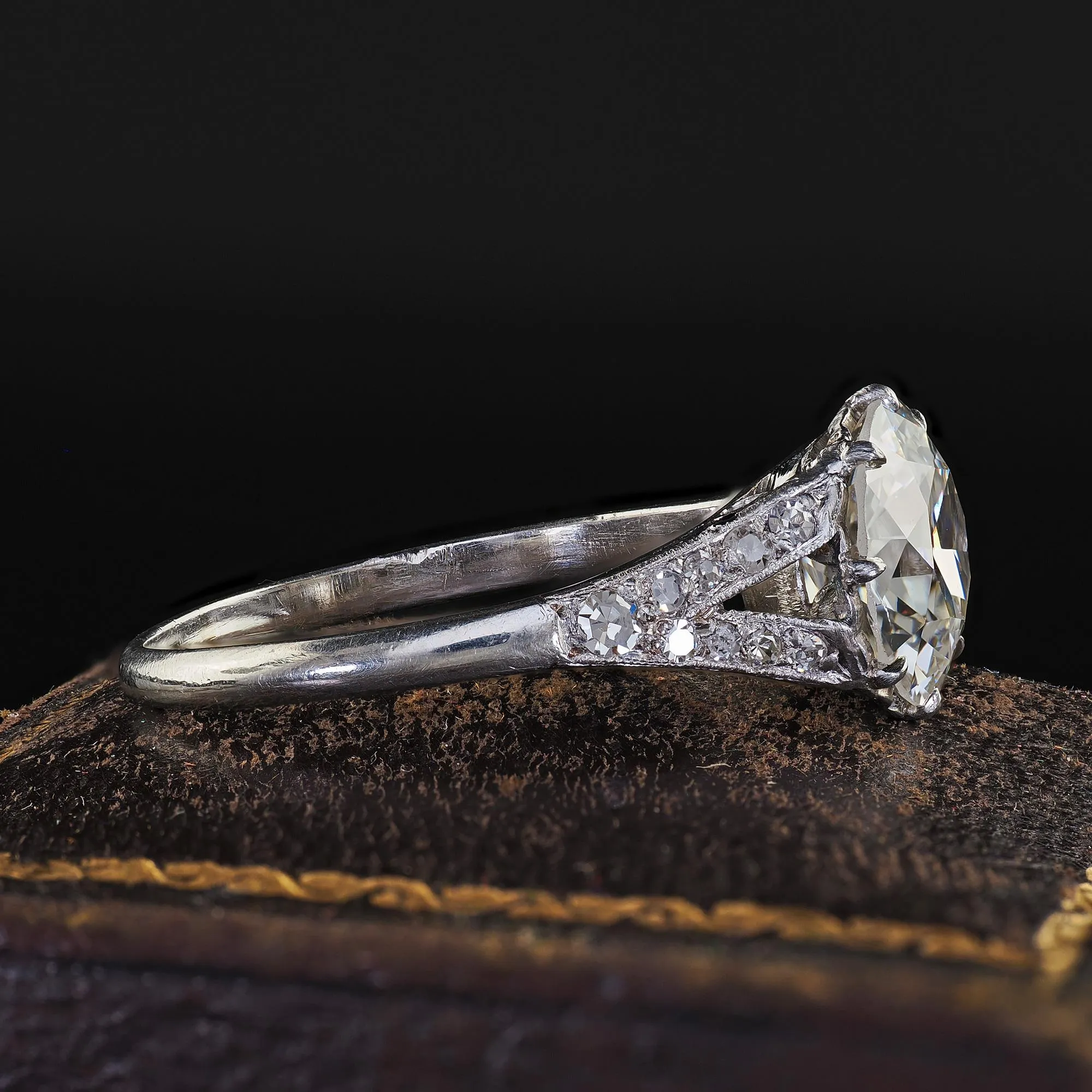 Antique Edwardian Platinum Old Euro Diamond Low Profile Engagement Ring - GIA