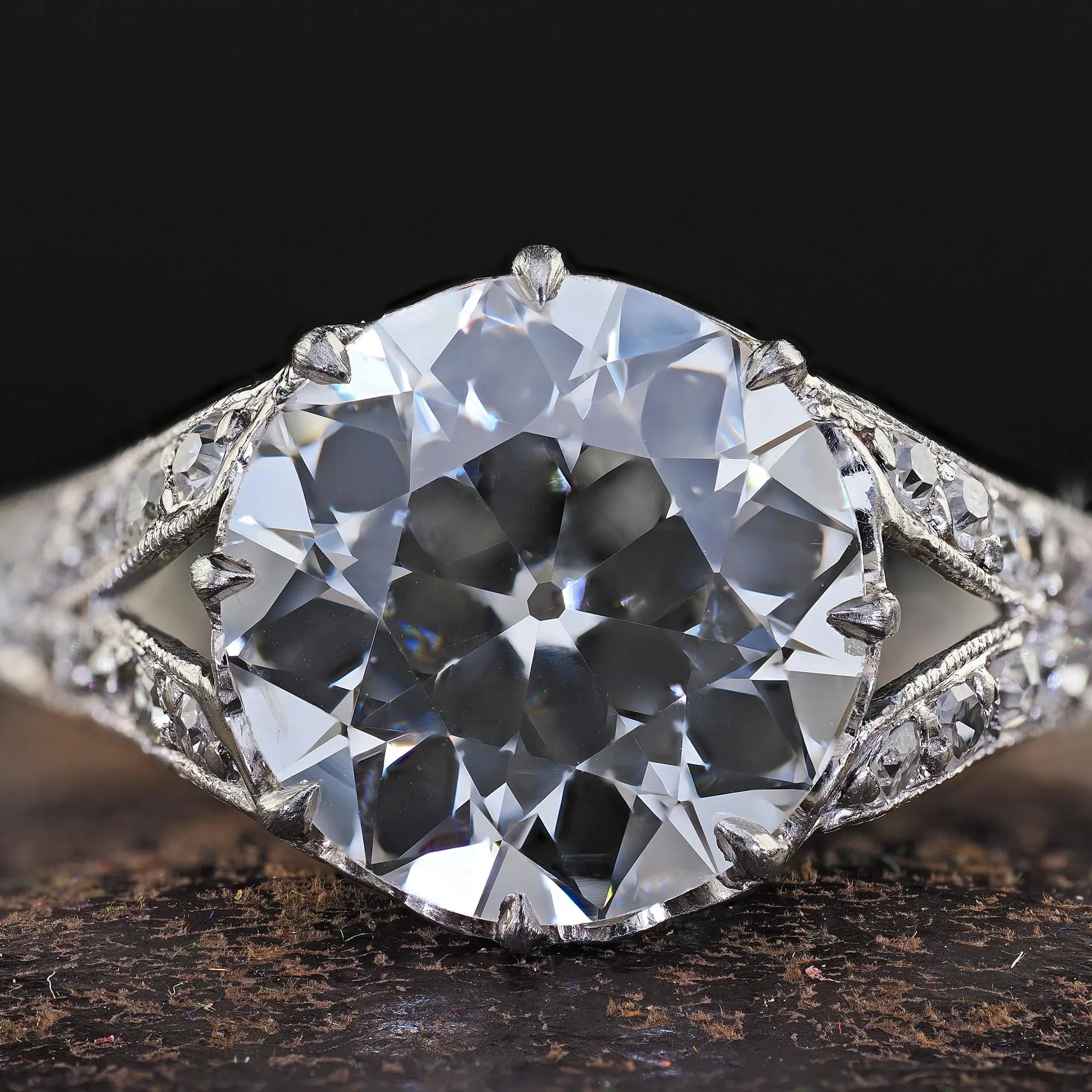 Antique Edwardian Platinum Old Euro Diamond Low Profile Engagement Ring - GIA