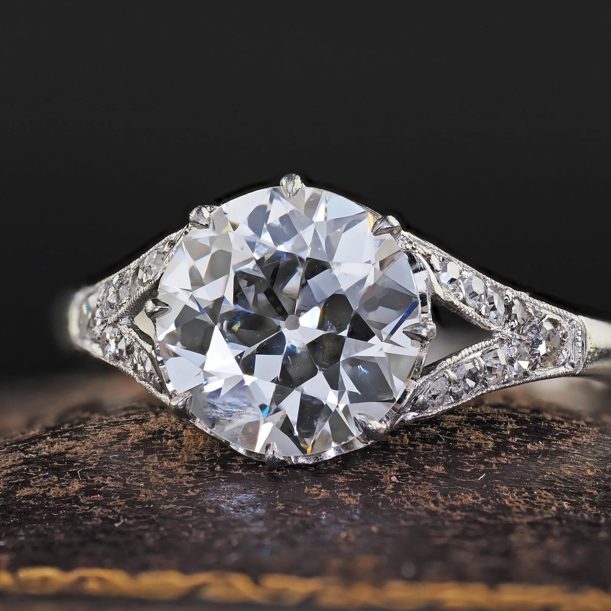 Antique Edwardian Platinum Old Euro Diamond Low Profile Engagement Ring - GIA