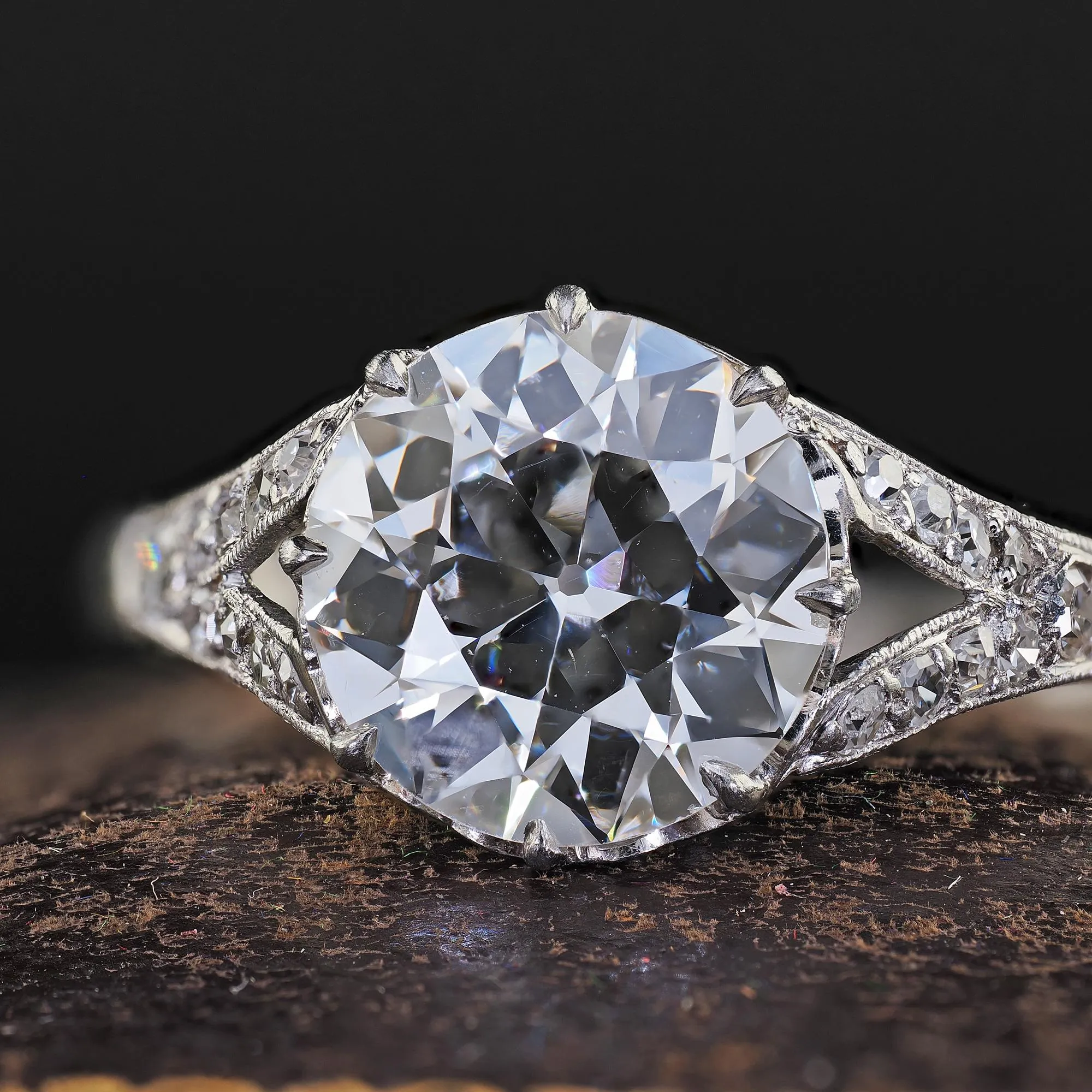 Antique Edwardian Platinum Old Euro Diamond Low Profile Engagement Ring - GIA