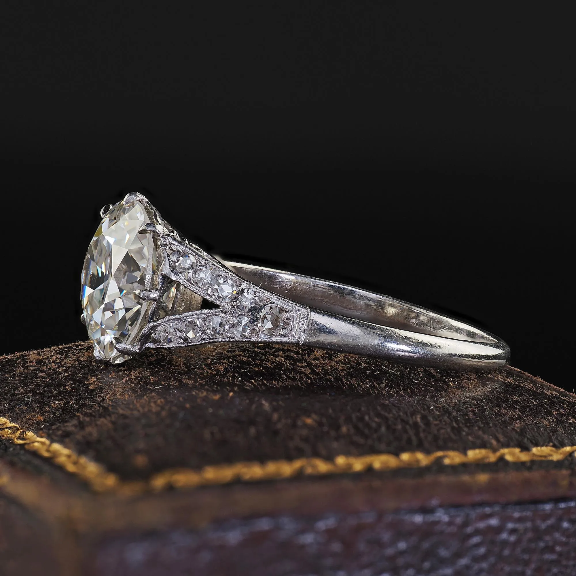 Antique Edwardian Platinum Old Euro Diamond Low Profile Engagement Ring - GIA