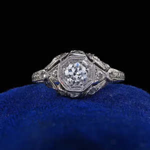 Antique Edwardian Platinum Old European Cut Diamond Filigree Engagement Ring