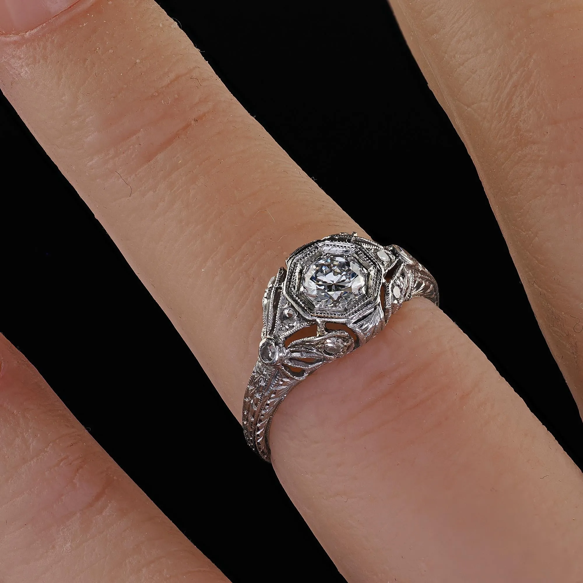 Antique Edwardian Platinum Old European Cut Diamond Filigree Engagement Ring