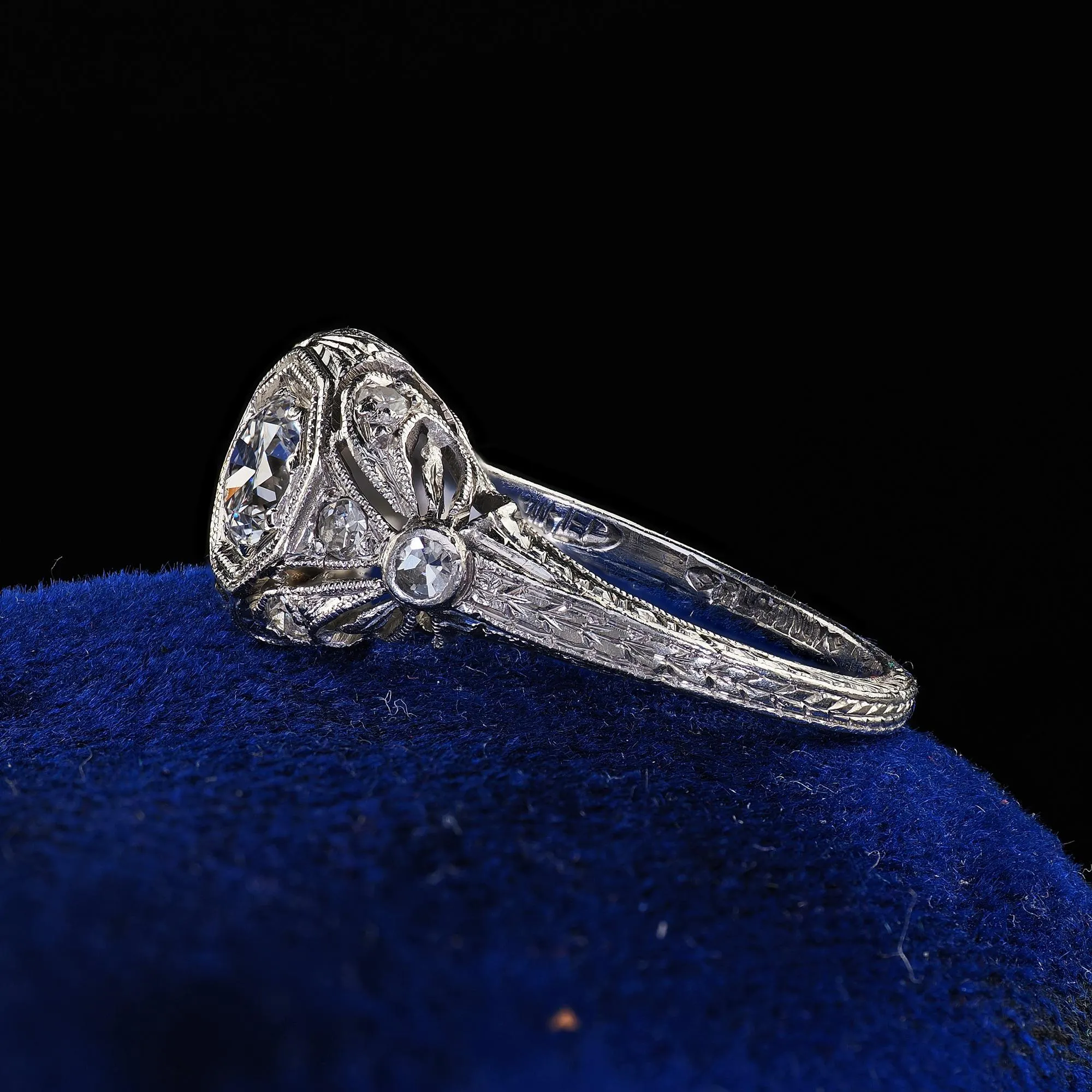 Antique Edwardian Platinum Old European Cut Diamond Filigree Engagement Ring
