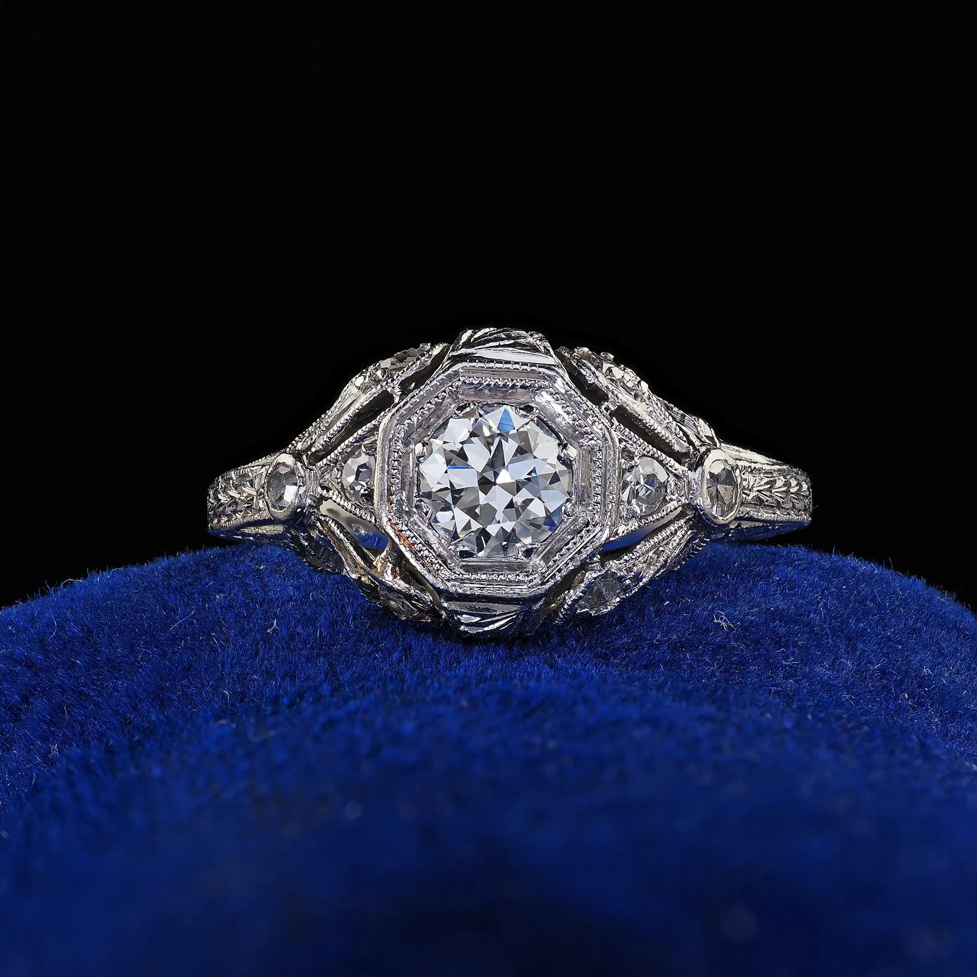 Antique Edwardian Platinum Old European Cut Diamond Filigree Engagement Ring