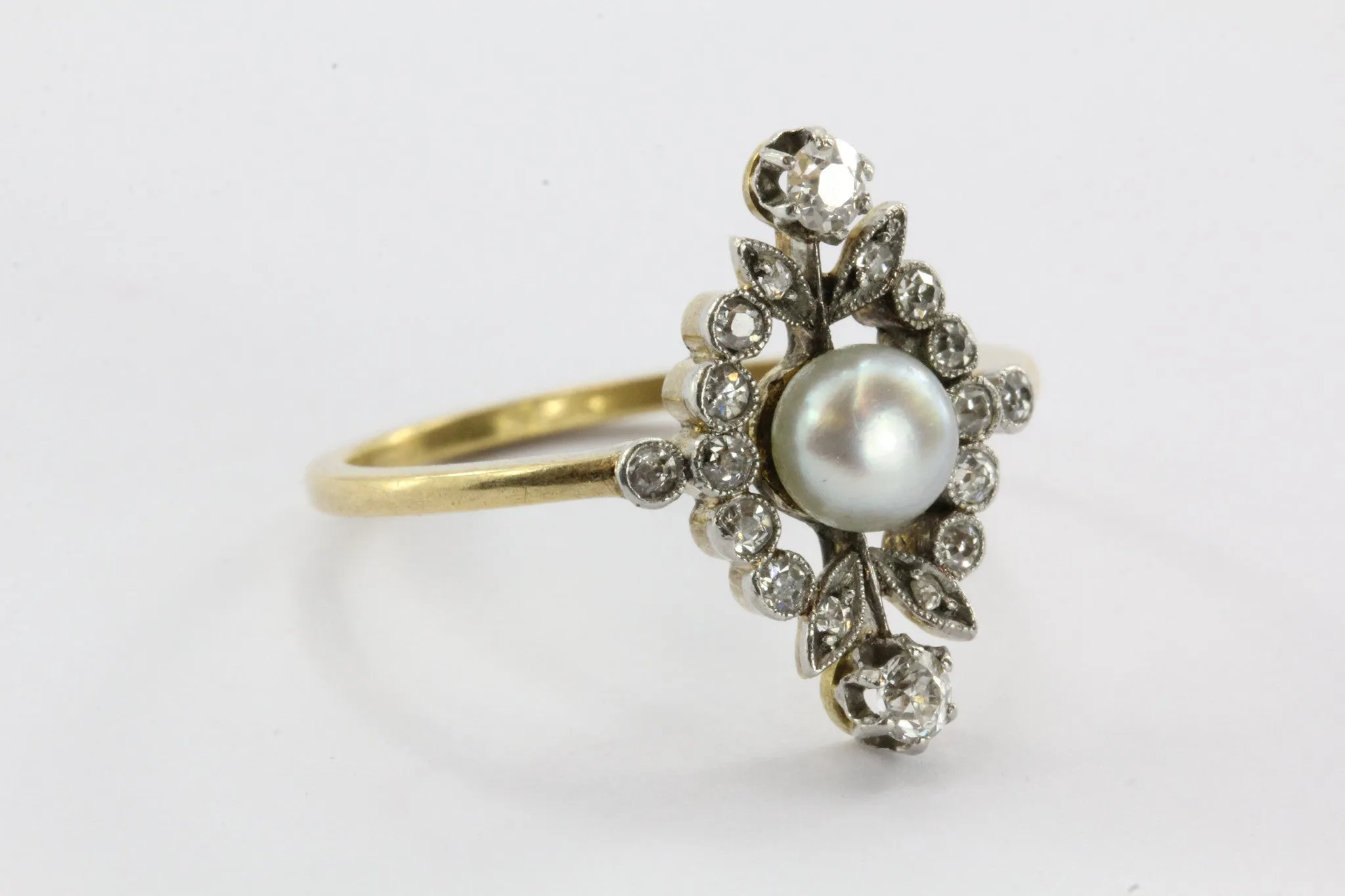 Antique English Edwardian 18K Gold & Platinum Top Diamond & Pearl Ring
